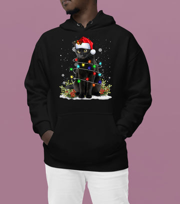 Christmas Cat Wrapped in Lights - Cute Festive Kitty in Holiday Glow, Perfect Gift for Cat Lovers, Cozy Seasonal Charm Hoodie
