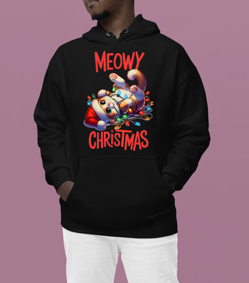 Meowy Christmas Cat Illustration, Festive Holiday Poster for Cat Lovers, Cozy Seasonal Gift, Cute Feline Artwork Hoodie