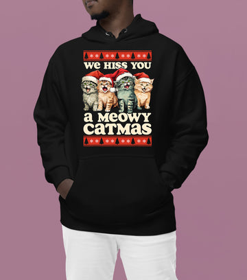 We Wish You a Meowy Christmas – Festive Cat Holiday Greeting for Season's Cheer, Cute Feline Themed Artwork Hoodie