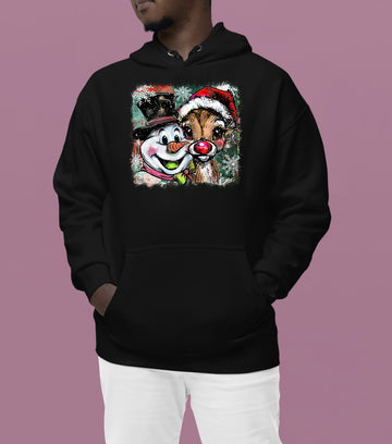 Christmas Raindeer with Snowman Scene, Cozy Winter Holiday Craft, Handmade Seasonal Gift Idea Hoodie