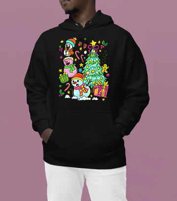 Christmas Line Drawing - Minimalist Holiday Sketch, Festive Snow Scene, Clean Black Ink Line Art for Gifts & Home Hoodie