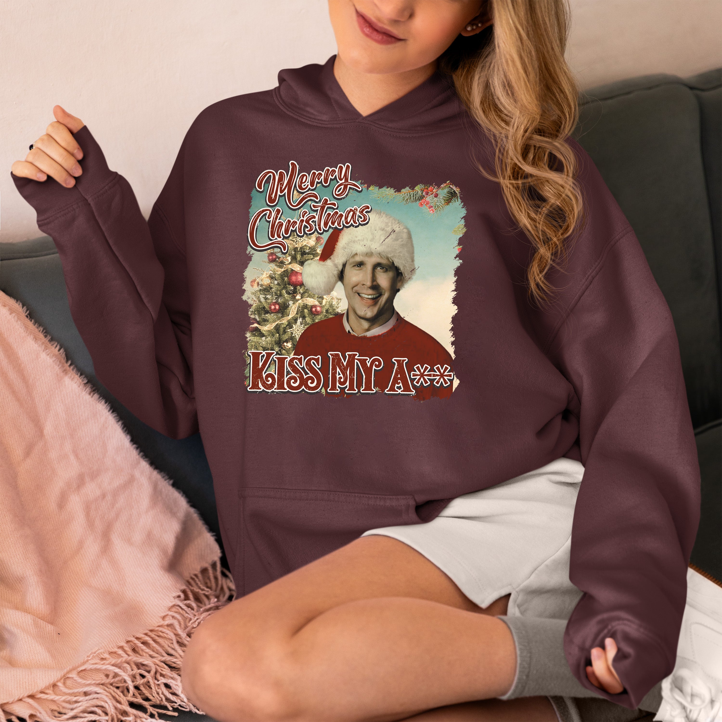 Merry Christmas Kiss My A** - Funny Xmas Phrase, Holiday Snark, Gag Gift, Seasonal Humor Keepsake Hoodie
