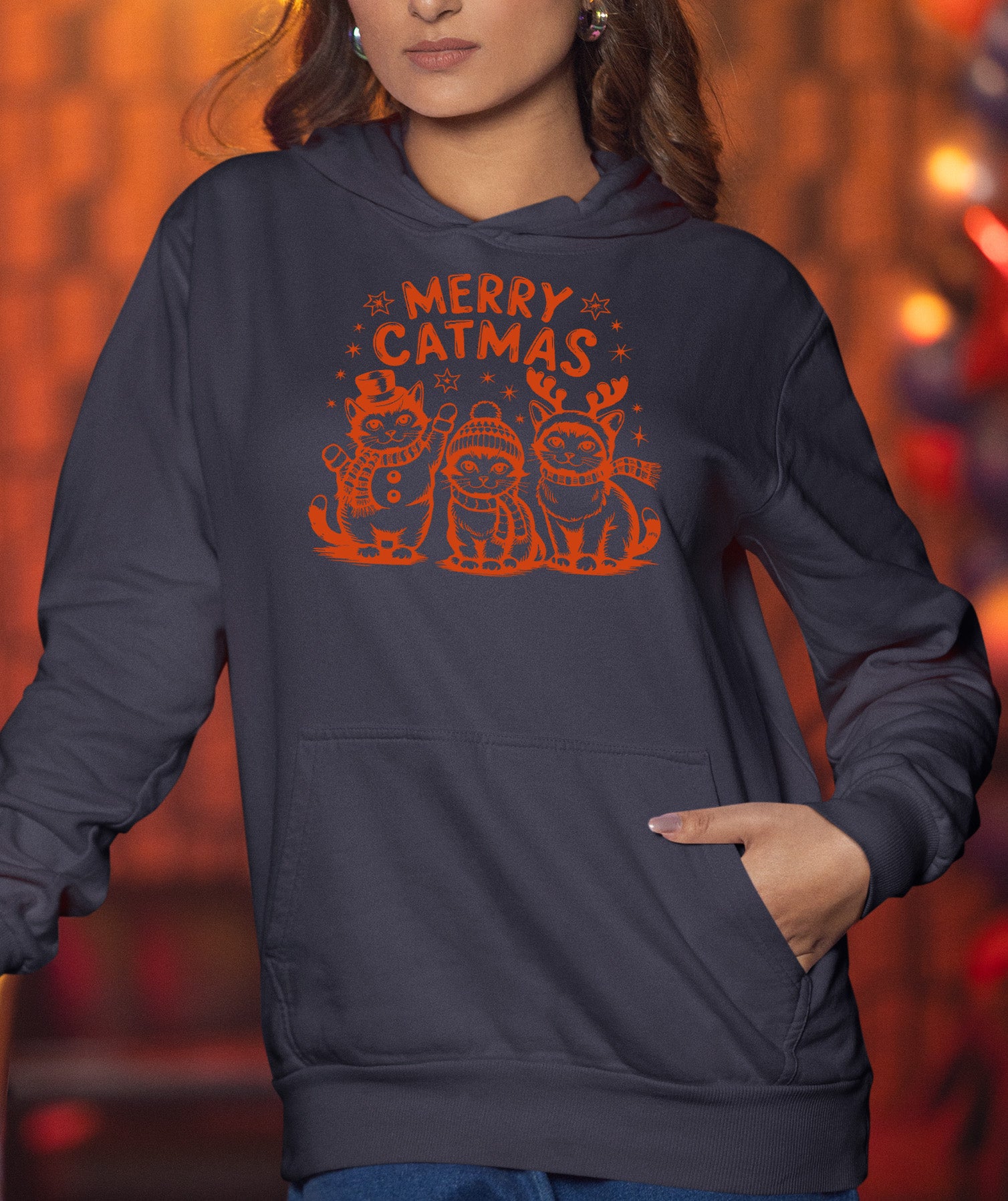 Merry Catmas Christmas Cat Art - Festive Holiday Gift for Cat Lovers - Whimsical Feline Artwork Hoodie