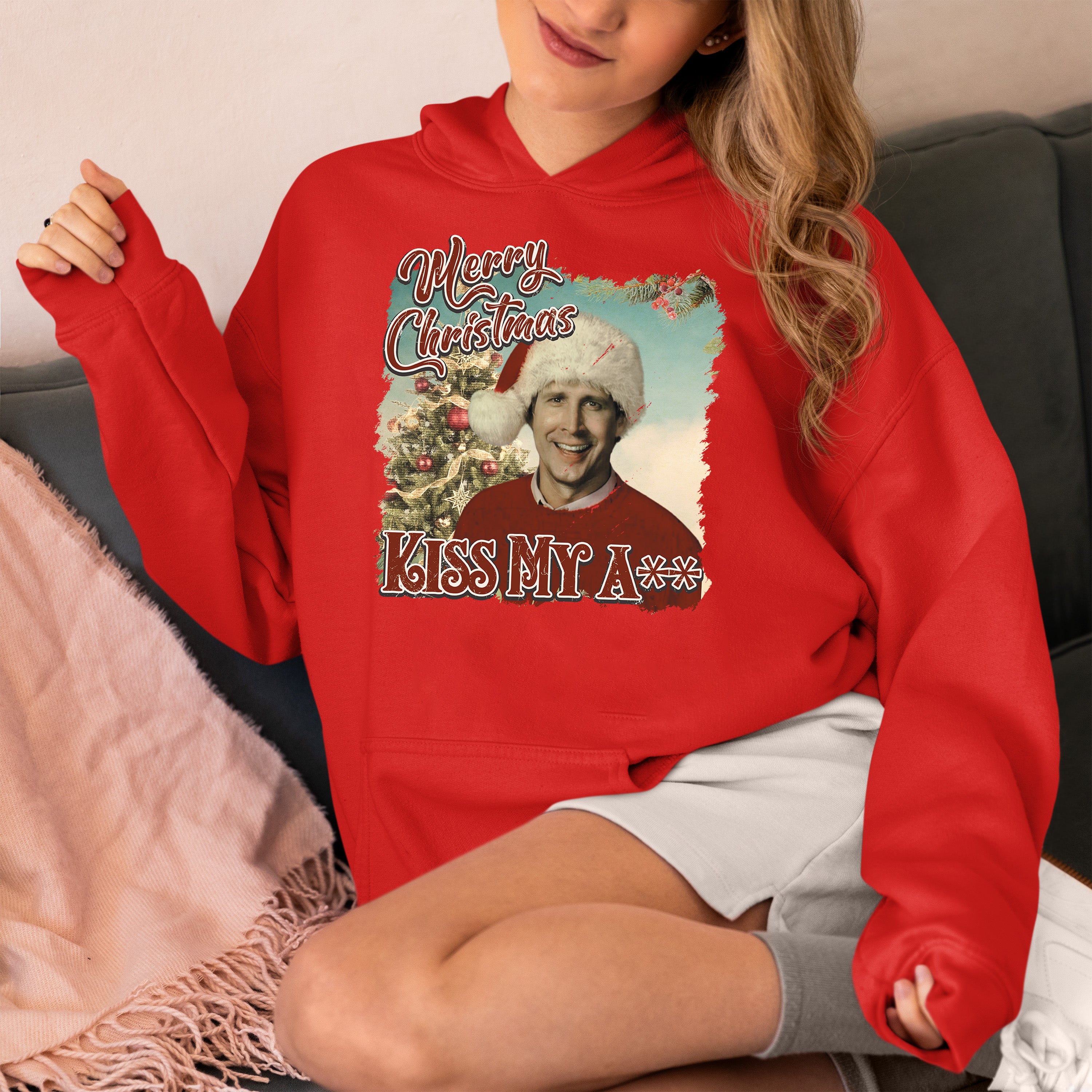 Merry Christmas Kiss My A** - Funny Xmas Phrase, Holiday Snark, Gag Gift, Seasonal Humor Keepsake Hoodie