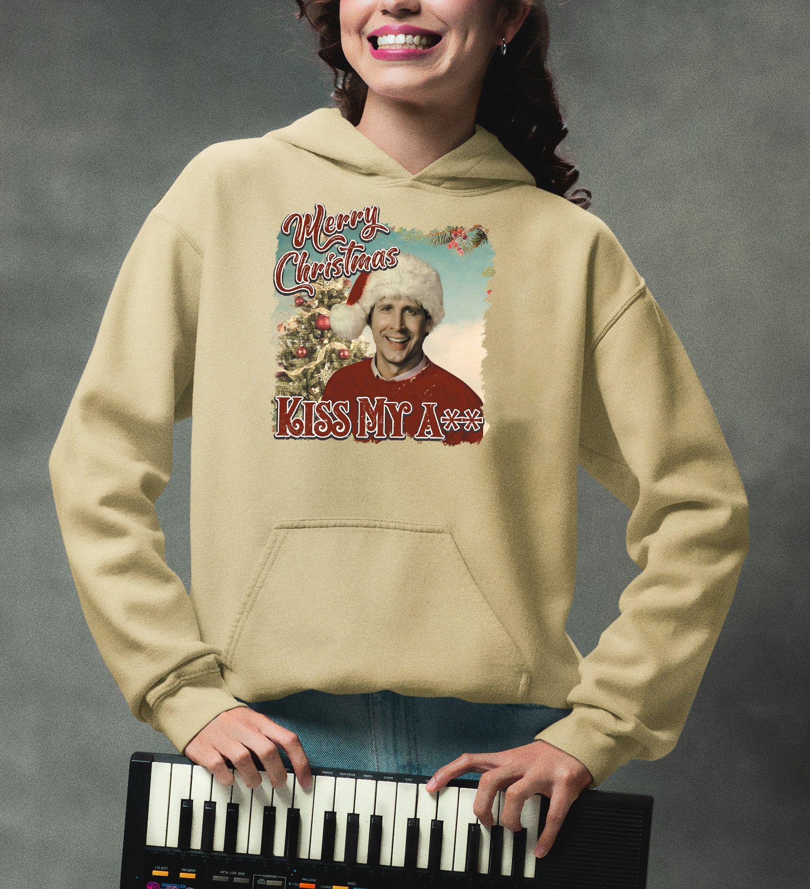 Merry Christmas Kiss My A** - Funny Xmas Phrase, Holiday Snark, Gag Gift, Seasonal Humor Keepsake Hoodie