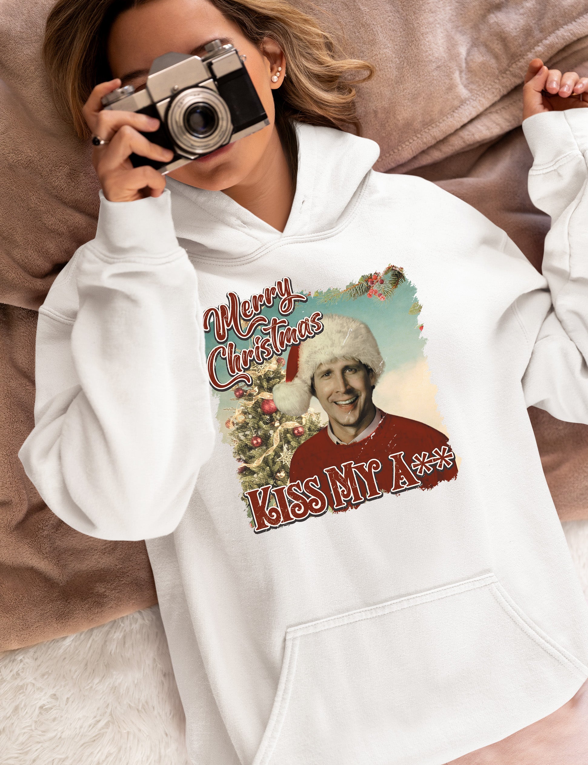 Merry Christmas Kiss My A** - Funny Xmas Phrase, Holiday Snark, Gag Gift, Seasonal Humor Keepsake Hoodie