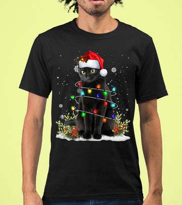 Christmas Cat Wrapped in Lights - Cute Festive Kitty in Holiday Glow, Perfect Gift for Cat Lovers, Cozy Seasonal Charm T-Shirt
