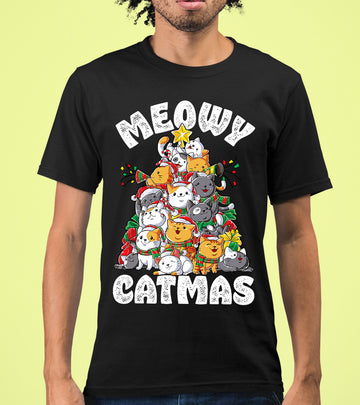 Meowy Cat Tree Christmas Gift for Cats - Festive Cat Condo, Holiday Cozy Shelter, Yuletide Cat Furniture, Seasonal Cat House T-Shirt