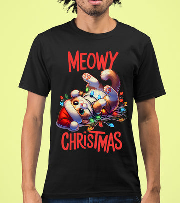 Meowy Christmas Cat Illustration, Festive Holiday Poster for Cat Lovers, Cozy Seasonal Gift, Cute Feline Artwork T-Shirt
