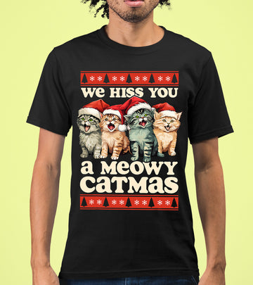 We Wish You a Meowy Christmas – Festive Cat Holiday Greeting for Season's Cheer, Cute Feline Themed Artwork T-Shirt