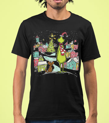 Line Drawing Christmas Illustration - Minimalist Holiday Scene, Nordic Christmas Art, Cozy Winter Gift T-Shirt