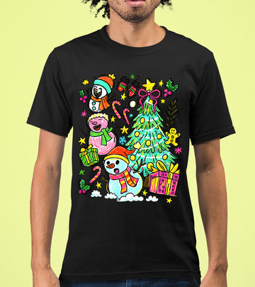 Christmas Line Drawing - Minimalist Holiday Sketch, Festive Snow Scene, Clean Black Ink Line Art for Gifts & Home T-Shirt