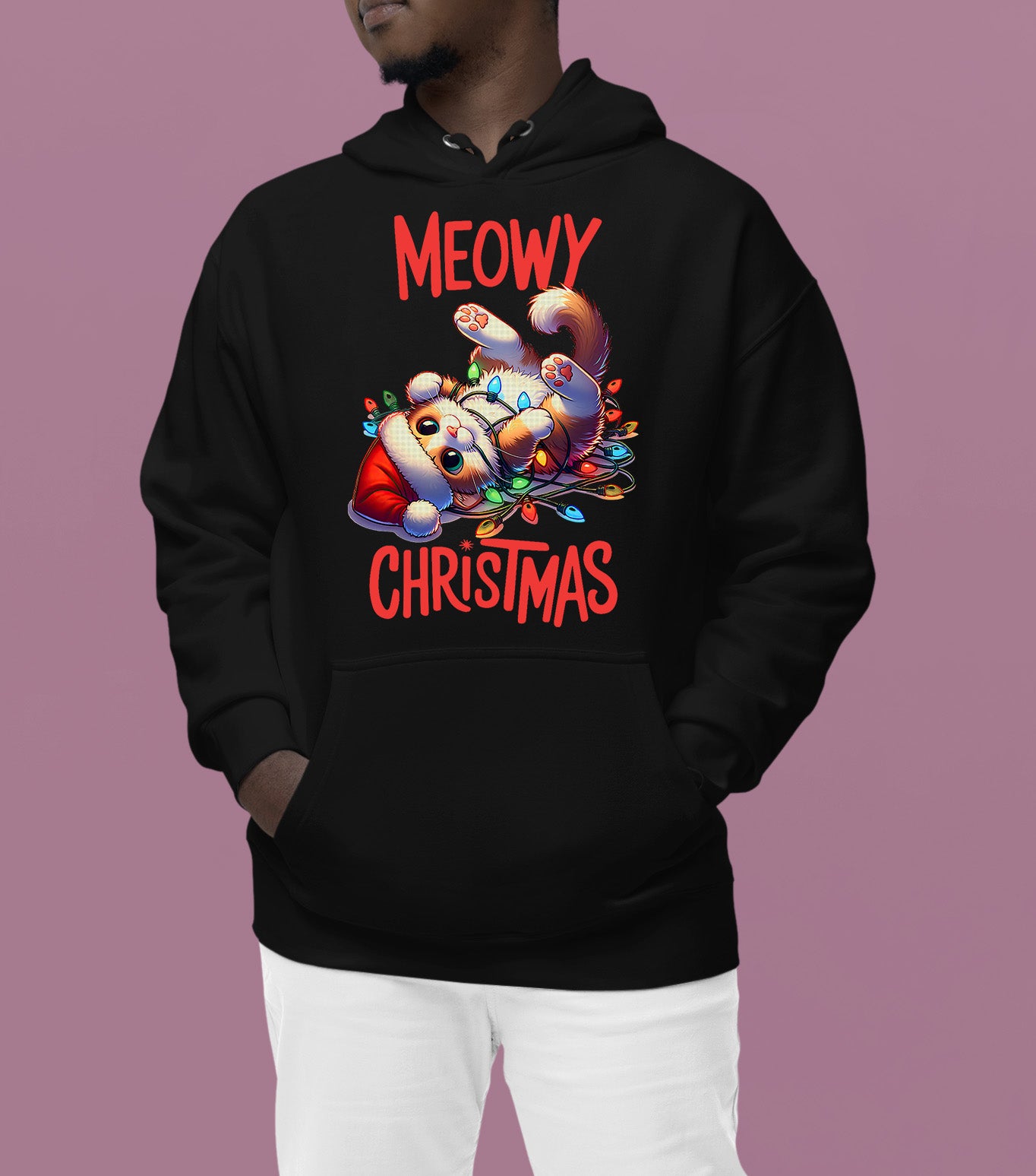 Meowy Christmas Cat Illustration, Festive Holiday Poster for Cat Lovers, Cozy Seasonal Gift, Cute Feline Artwork Hoodie