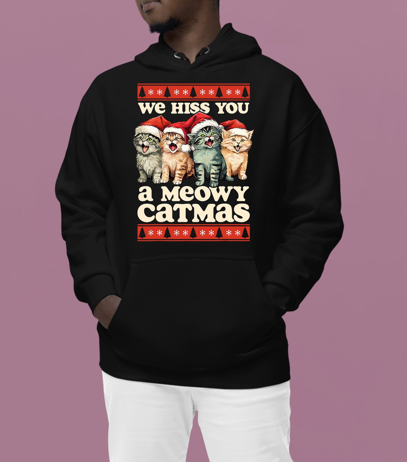 We Wish You a Meowy Christmas – Festive Cat Holiday Greeting for Season's Cheer, Cute Feline Themed Artwork Hoodie