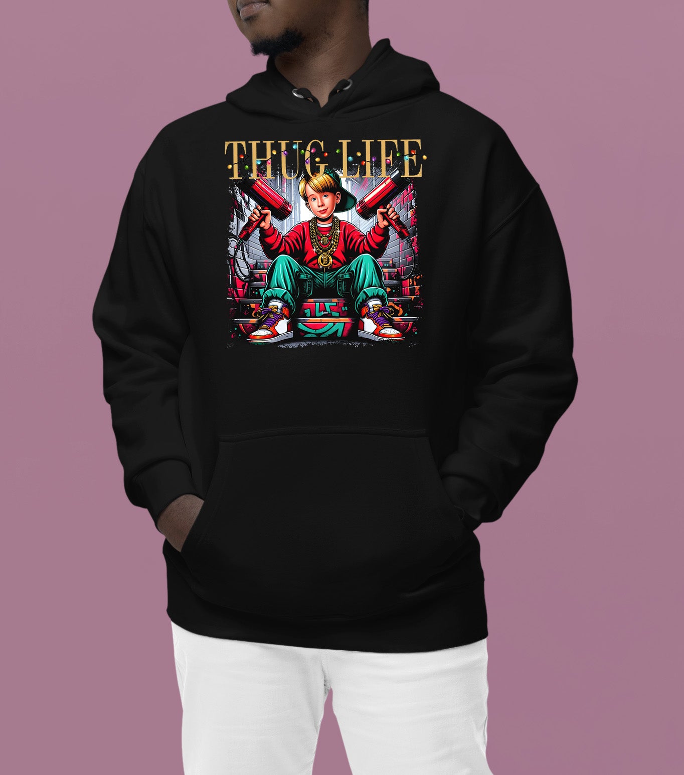 Christmas Thug Life Alone - Funny Holiday Quote Meme Humor - Festive Gift Idea for Him Hoodie