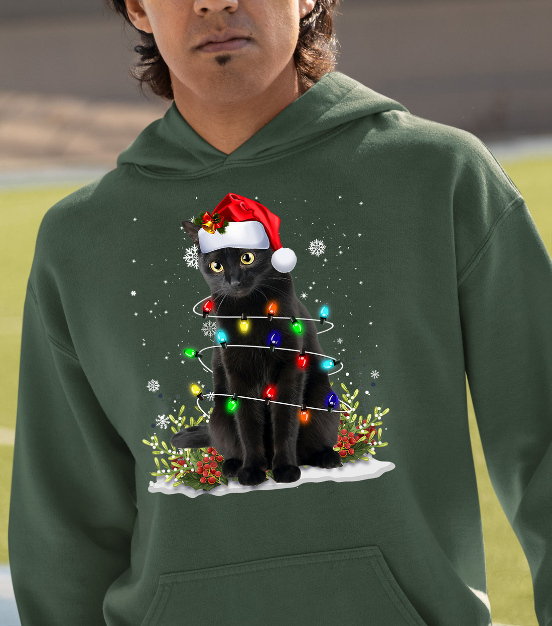 Christmas Cat Wrapped in Lights - Cute Festive Kitty in Holiday Glow, Perfect Gift for Cat Lovers, Cozy Seasonal Charm Hoodie