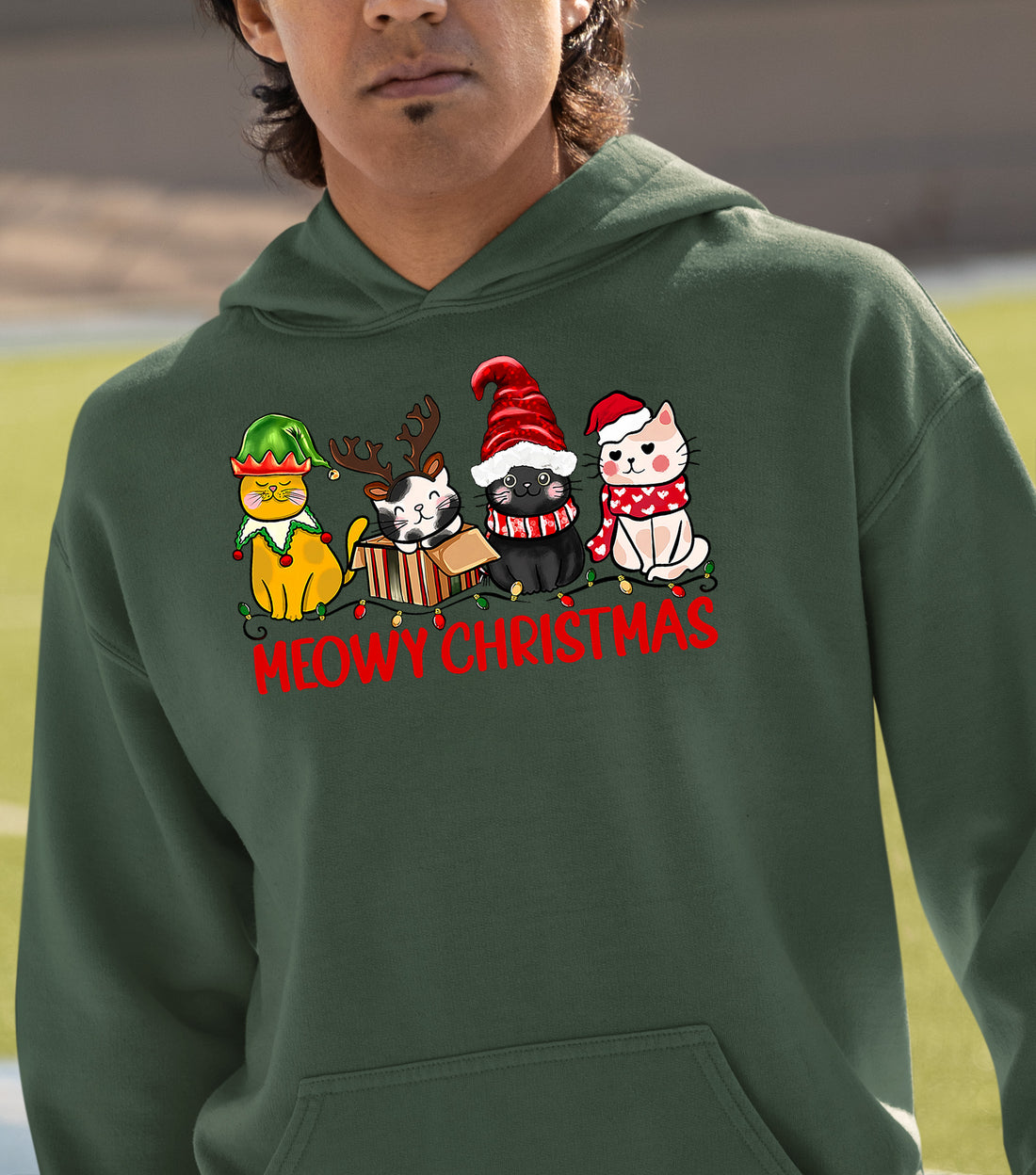 Meowy Christmas Cat Art - Festive Holiday Illustration for Cat Lovers, Cute Seasonal Gift Idea Hoodie
