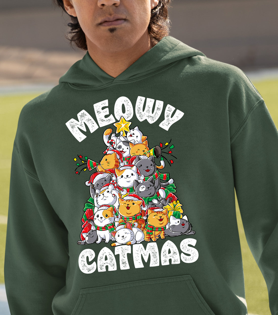 Meowy Cat Tree Christmas Gift for Cats - Festive Cat Condo, Holiday Cozy Shelter, Yuletide Cat Furniture, Seasonal Cat House Hoodie