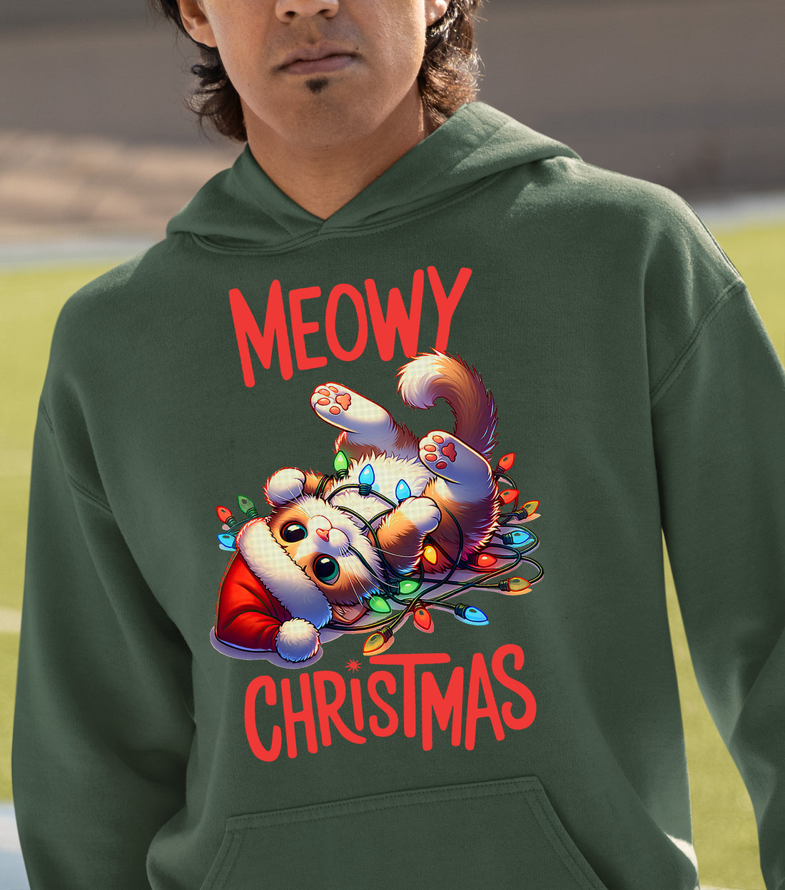 Meowy Christmas Cat Illustration, Festive Holiday Poster for Cat Lovers, Cozy Seasonal Gift, Cute Feline Artwork Hoodie