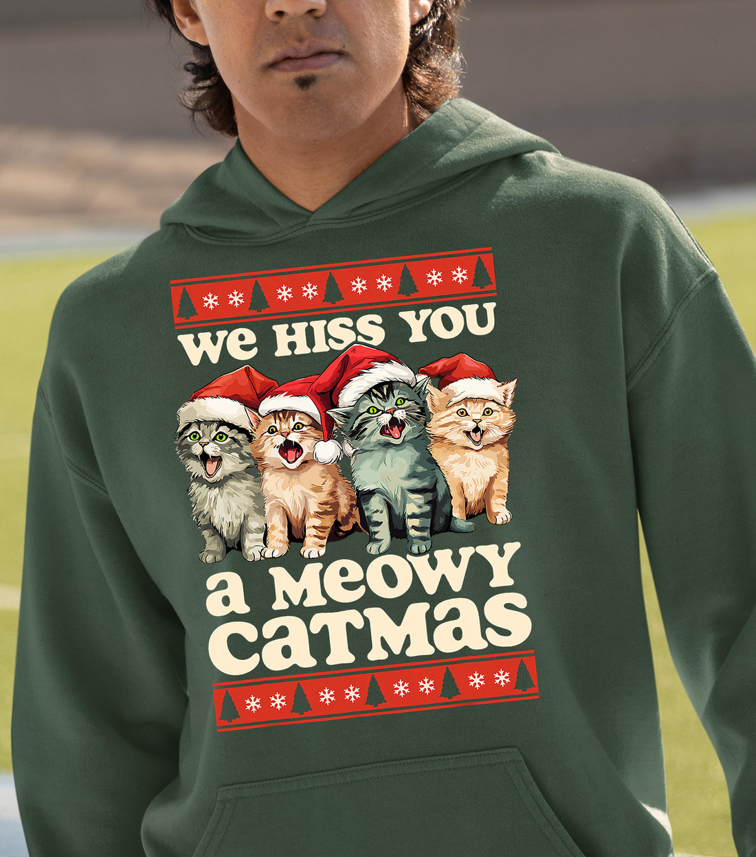 We Wish You a Meowy Christmas – Festive Cat Holiday Greeting for Season's Cheer, Cute Feline Themed Artwork Hoodie