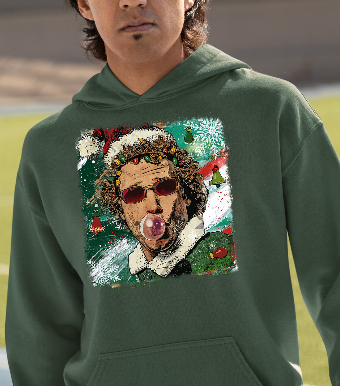 Christmas Elf Bubblegum Artwork, Whimsical Holiday Elf Art with Bubblegum, Festive Fantasy Illustration Gift Idea Hoodie