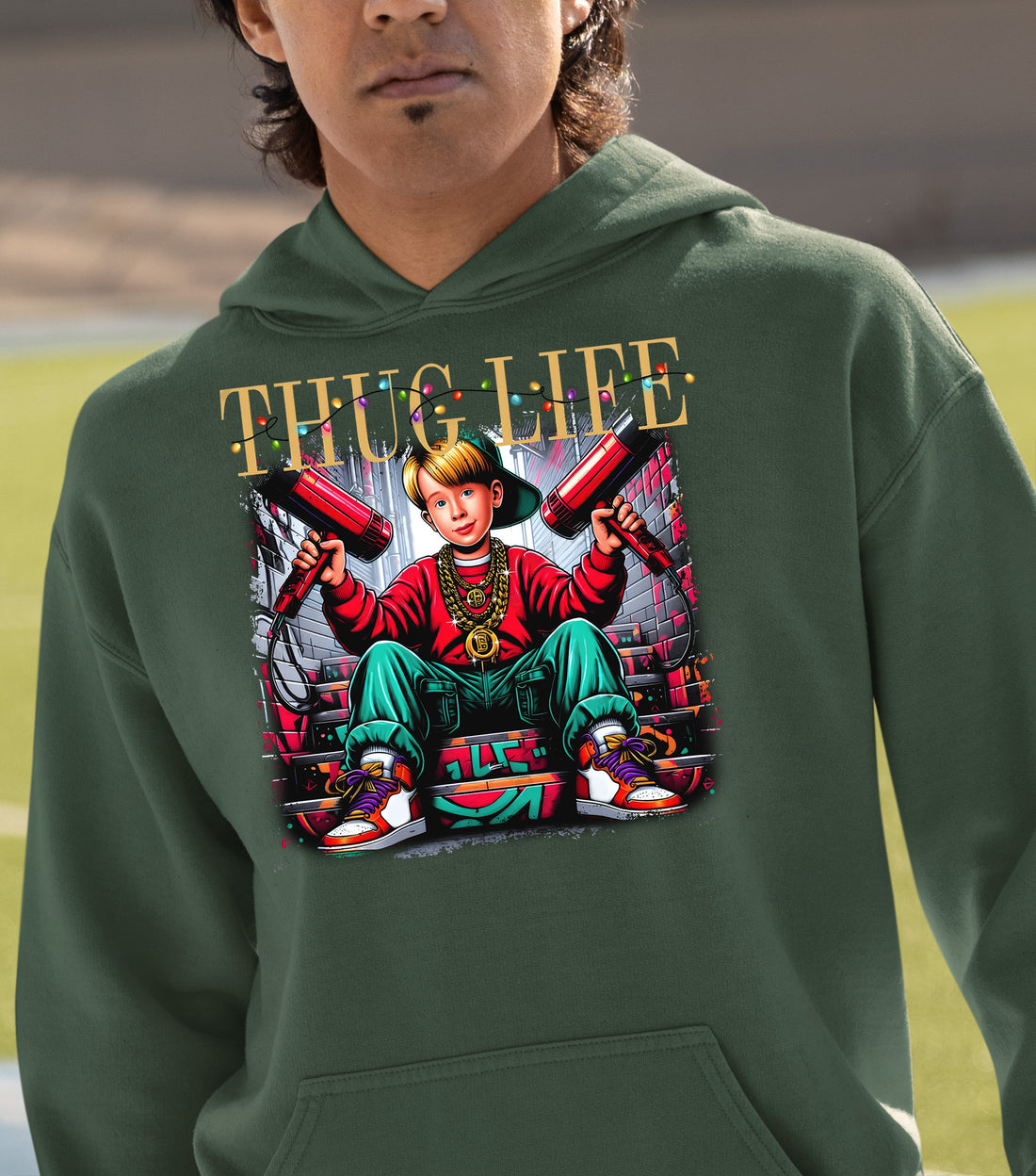 Christmas Thug Life Alone - Funny Holiday Quote Meme Humor - Festive Gift Idea for Him Hoodie