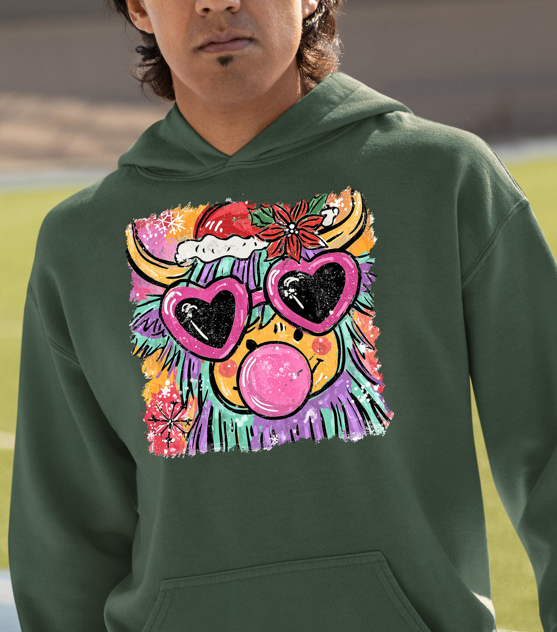 Highland Cow Christmas - Scottish Holiday Scene, Folk Art Gift for Winter, Rustic Cute Keepsake Hoodie