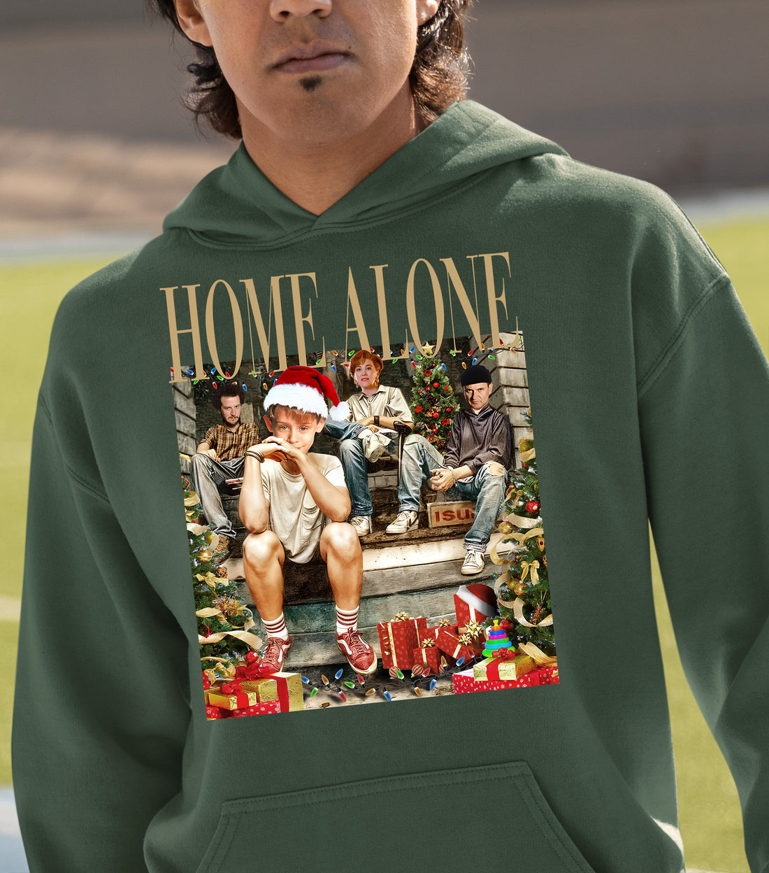 Home Alone on the Porch Christmas Scene - Cozy Holiday Porch Display Gift Idea Hoodie