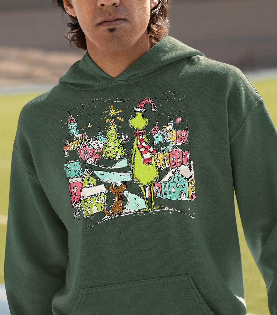 Line Drawing Christmas Illustration - Minimalist Holiday Scene, Nordic Christmas Art, Cozy Winter Gift Hoodie