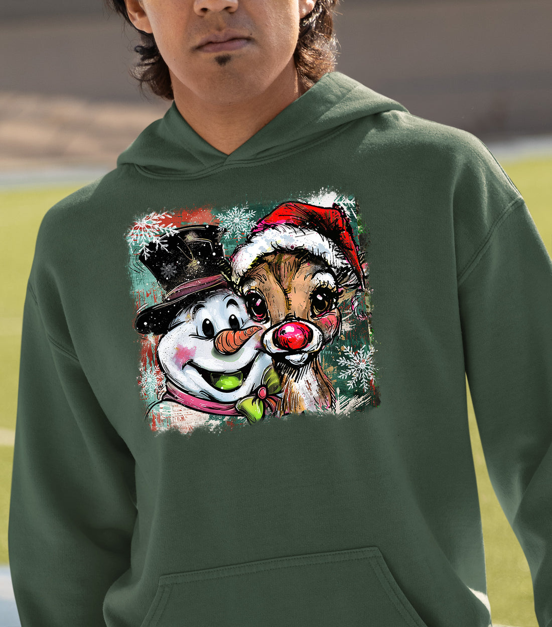 Christmas Raindeer with Snowman Scene, Cozy Winter Holiday Craft, Handmade Seasonal Gift Idea Hoodie