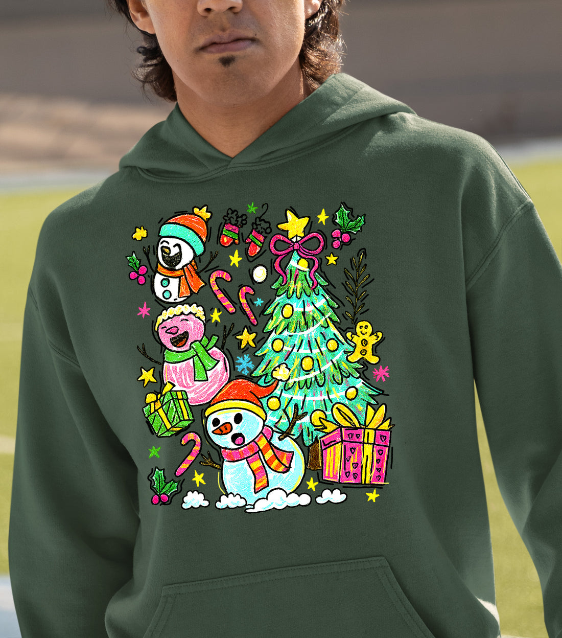 Christmas Line Drawing - Minimalist Holiday Sketch, Festive Snow Scene, Clean Black Ink Line Art for Gifts & Home Hoodie
