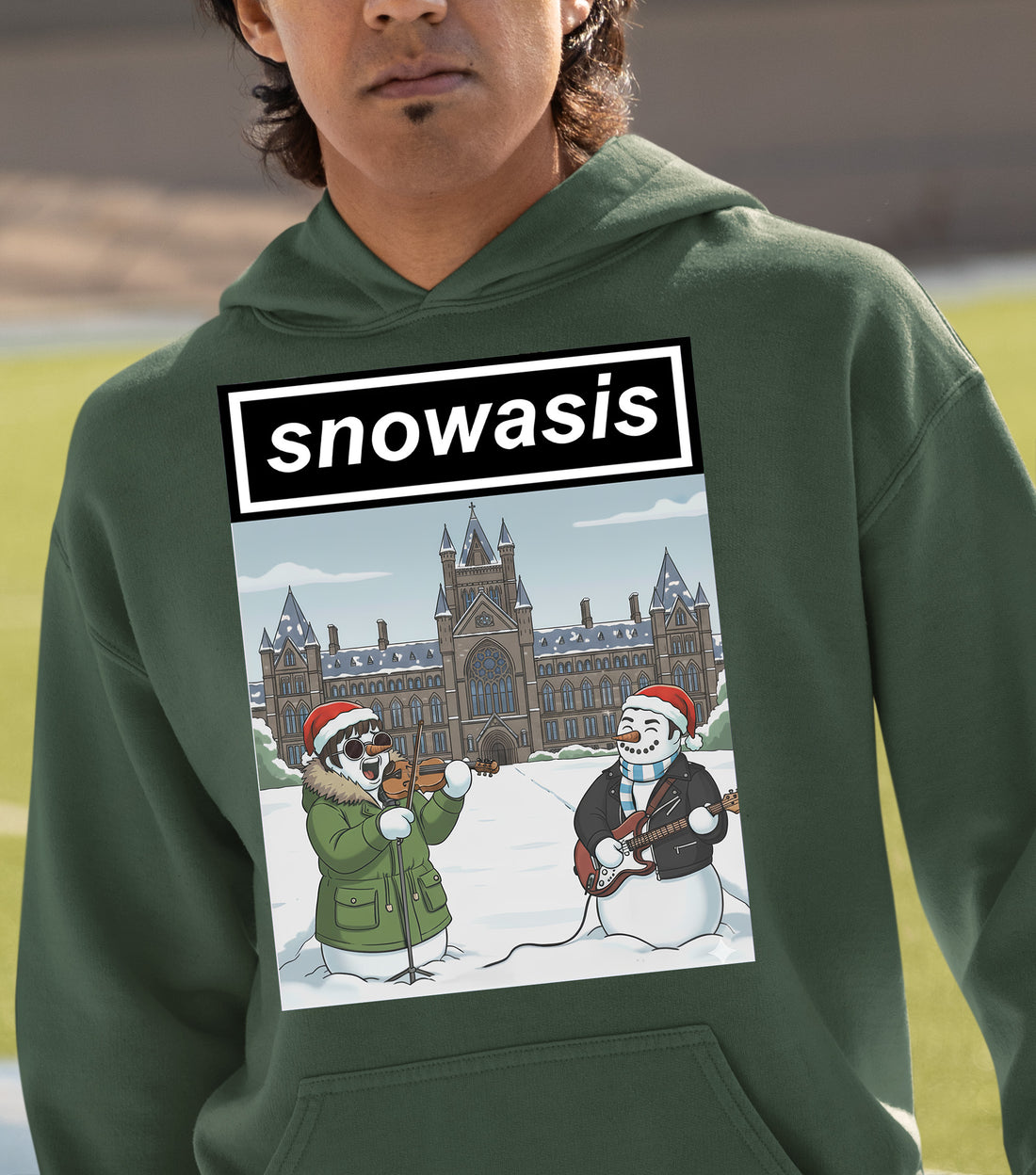 Snowasis in Front of Glasgow Kelvingrove – Christmas Scene, Festive Glasgow Landmark, Snowy Cityscape Gift Idea, Scottish Holiday Art Hoodie