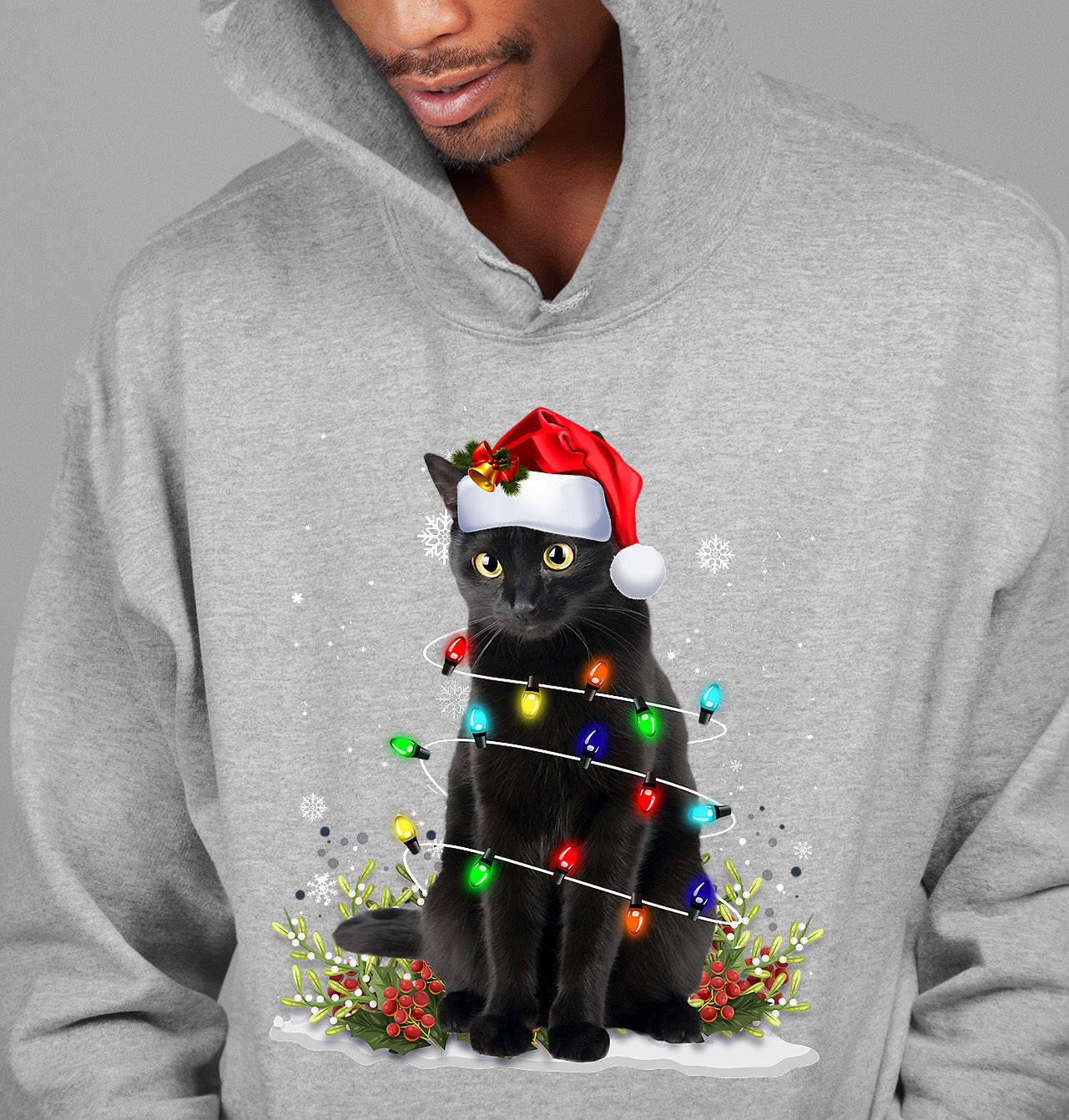 Christmas Cat Wrapped in Lights - Cute Festive Kitty in Holiday Glow, Perfect Gift for Cat Lovers, Cozy Seasonal Charm Hoodie
