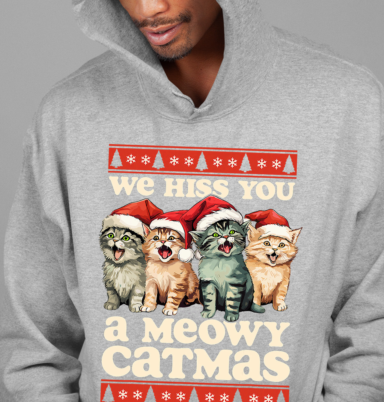 We Wish You a Meowy Christmas – Festive Cat Holiday Greeting for Season's Cheer, Cute Feline Themed Artwork Hoodie