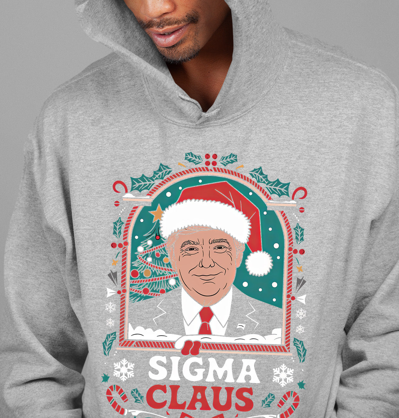Sigma Claus Trump Christmas Charm, Holiday Satire Gift for Adults, Festive Political Humor Keepsake Hoodie