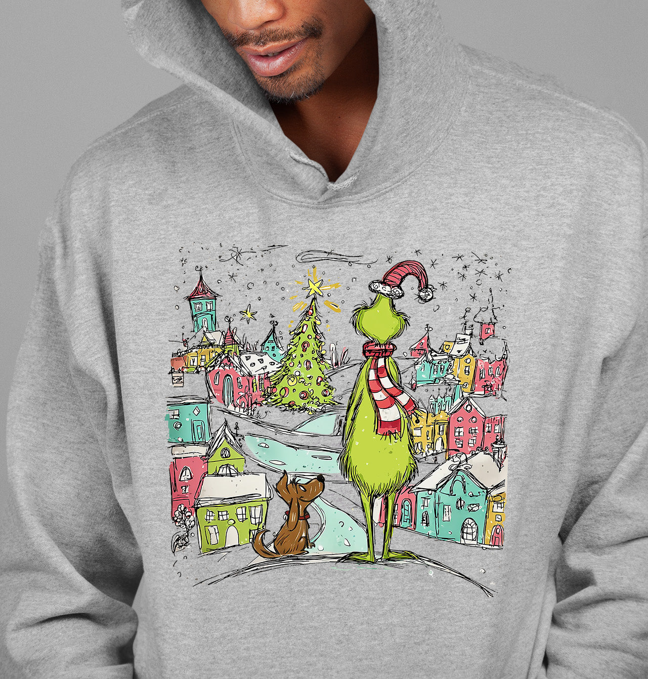 Line Drawing Christmas Illustration - Minimalist Holiday Scene, Nordic Christmas Art, Cozy Winter Gift Hoodie