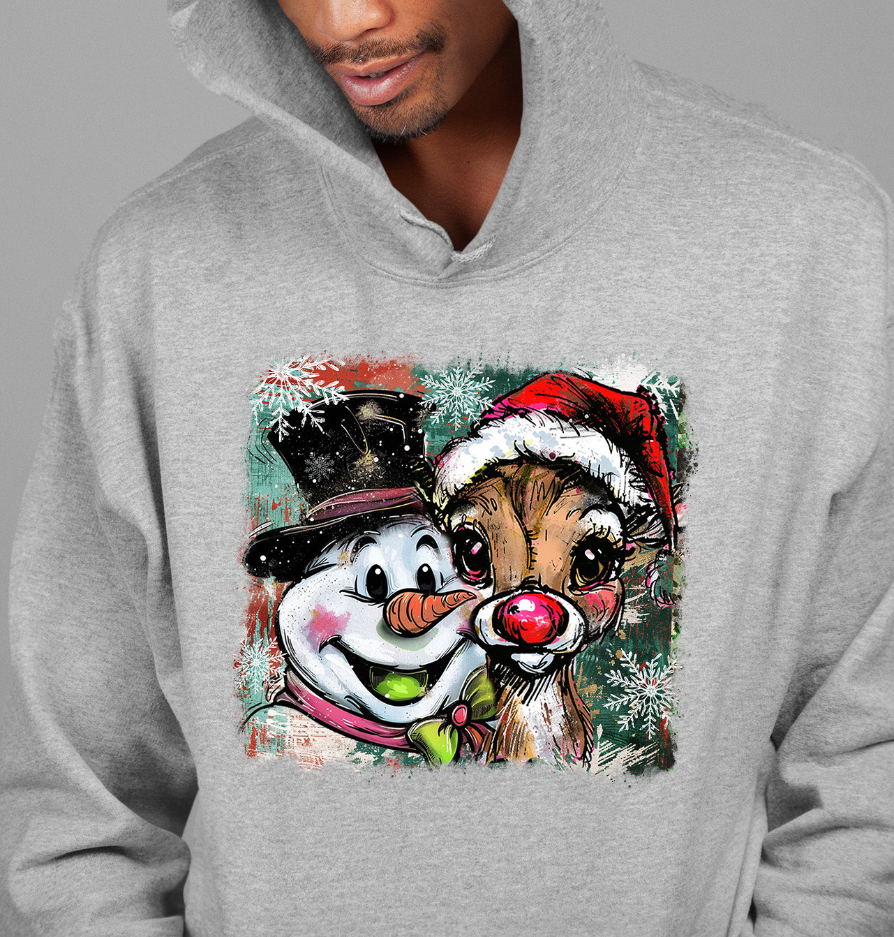 Christmas Raindeer with Snowman Scene, Cozy Winter Holiday Craft, Handmade Seasonal Gift Idea Hoodie