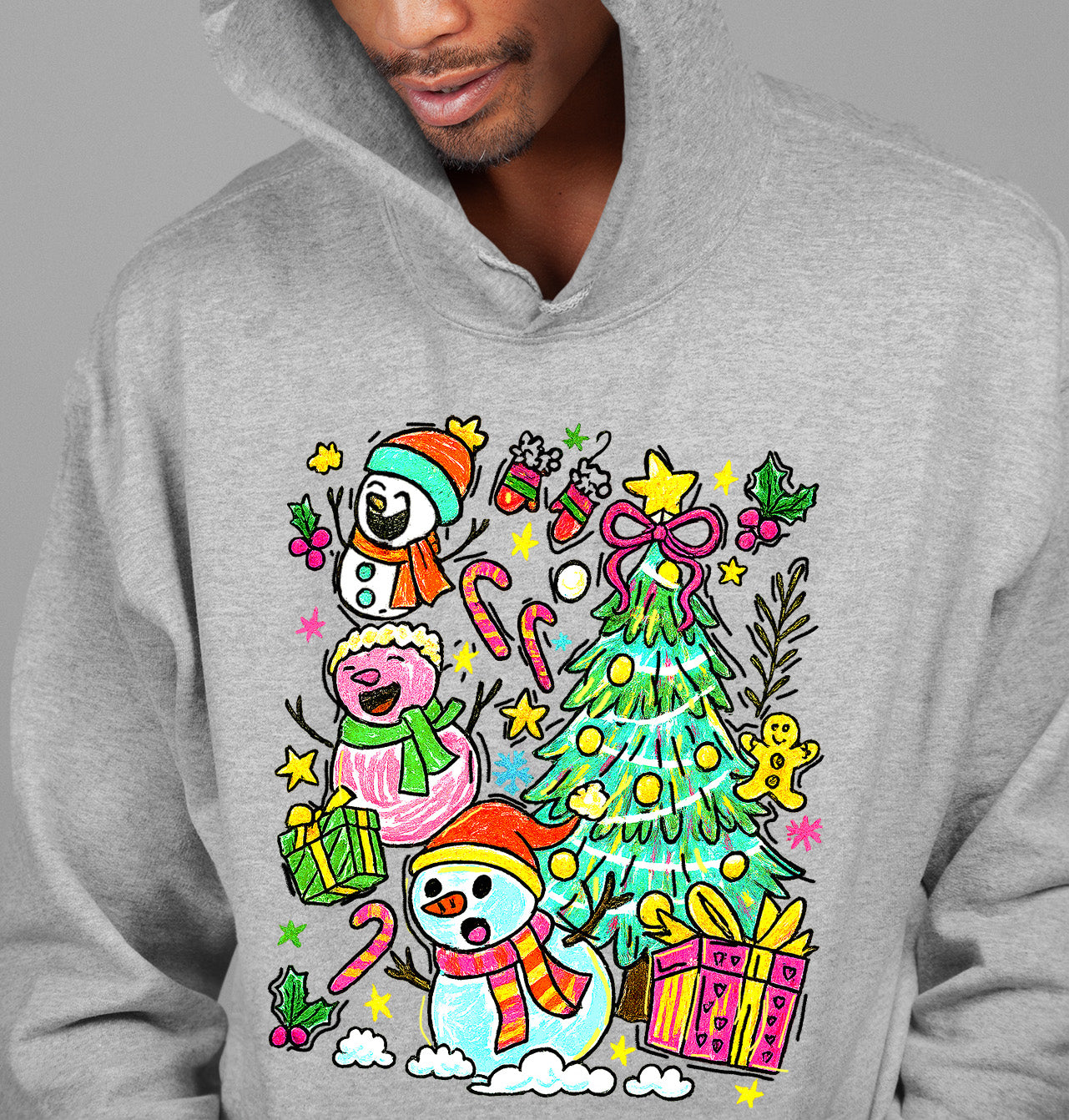 Christmas Line Drawing - Minimalist Holiday Sketch, Festive Snow Scene, Clean Black Ink Line Art for Gifts & Home Hoodie