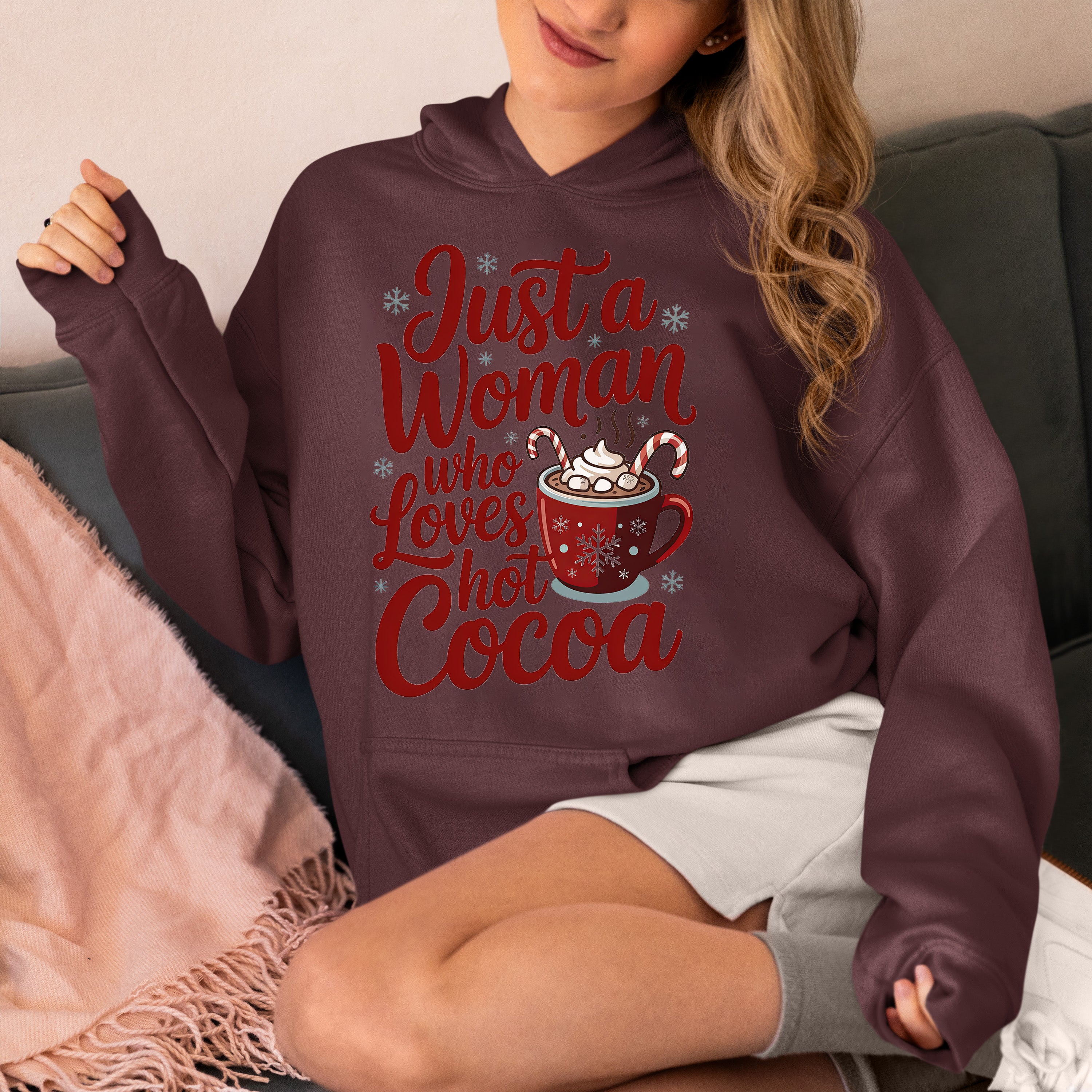 Christmas Gift for Her: Just a Woman Who Loves Hot Cocoa – Cozy Holiday Cheer Hoodie