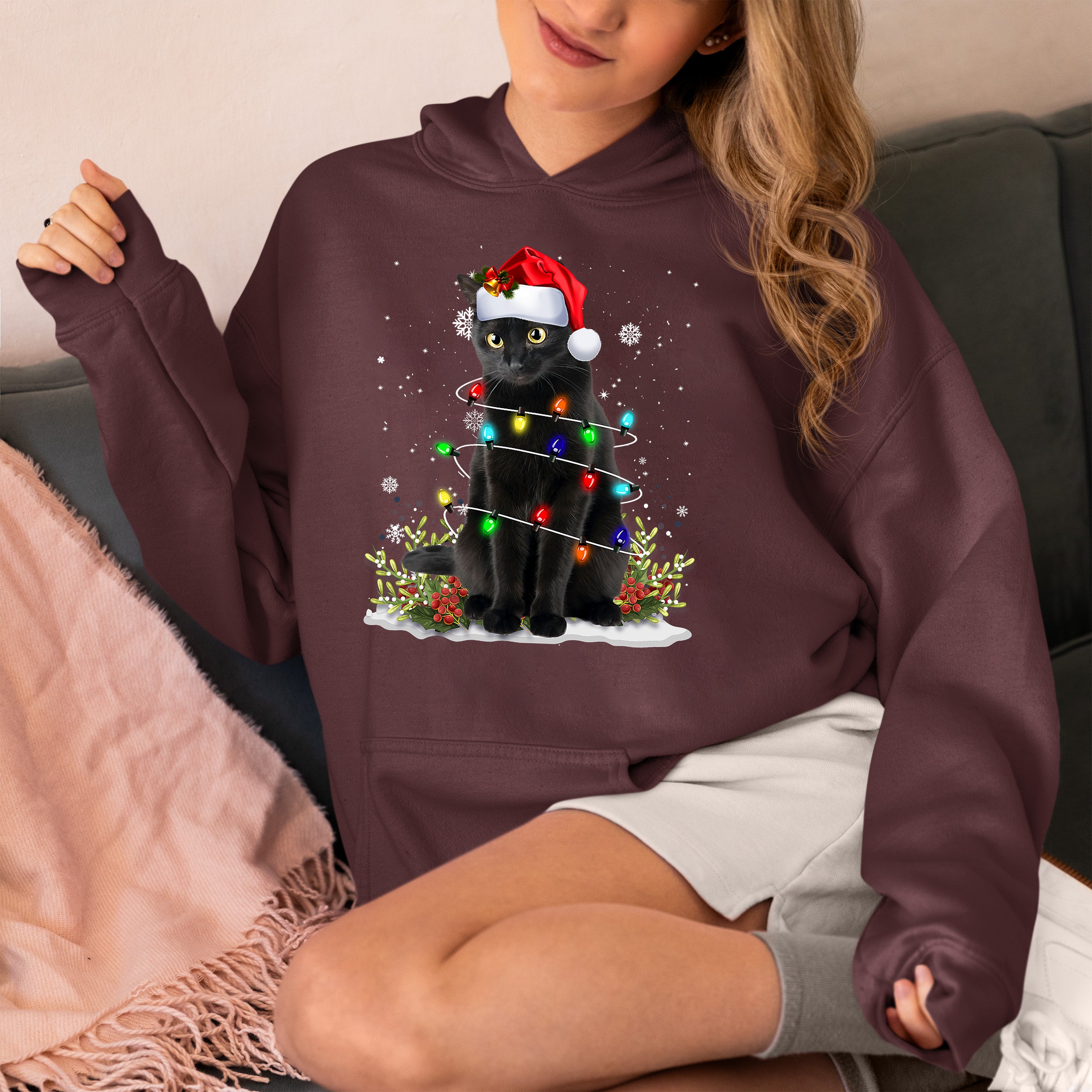 Christmas Cat Wrapped in Lights - Cute Festive Kitty in Holiday Glow, Perfect Gift for Cat Lovers, Cozy Seasonal Charm Hoodie