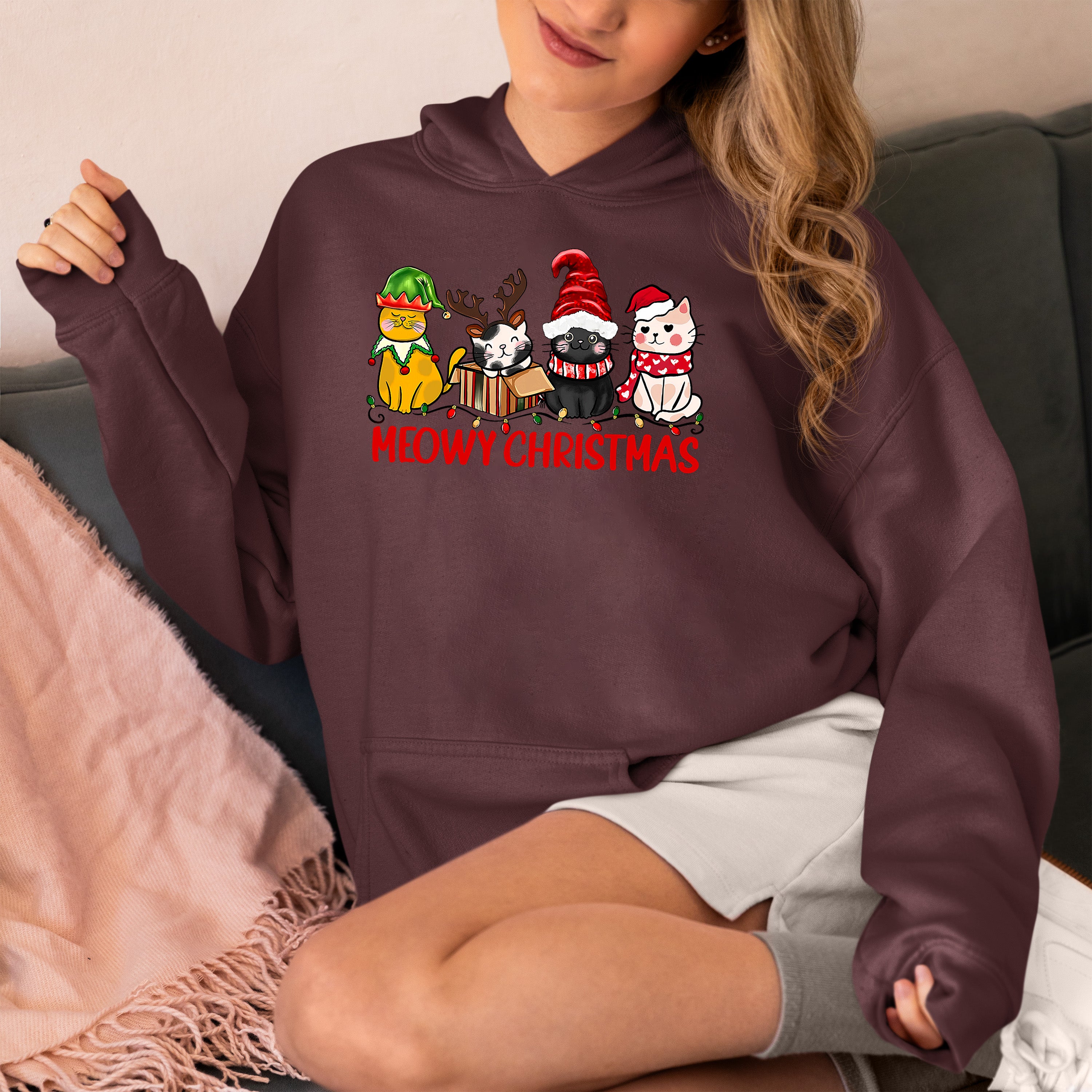 Meowy Christmas Cat Art - Festive Holiday Illustration for Cat Lovers, Cute Seasonal Gift Idea Hoodie