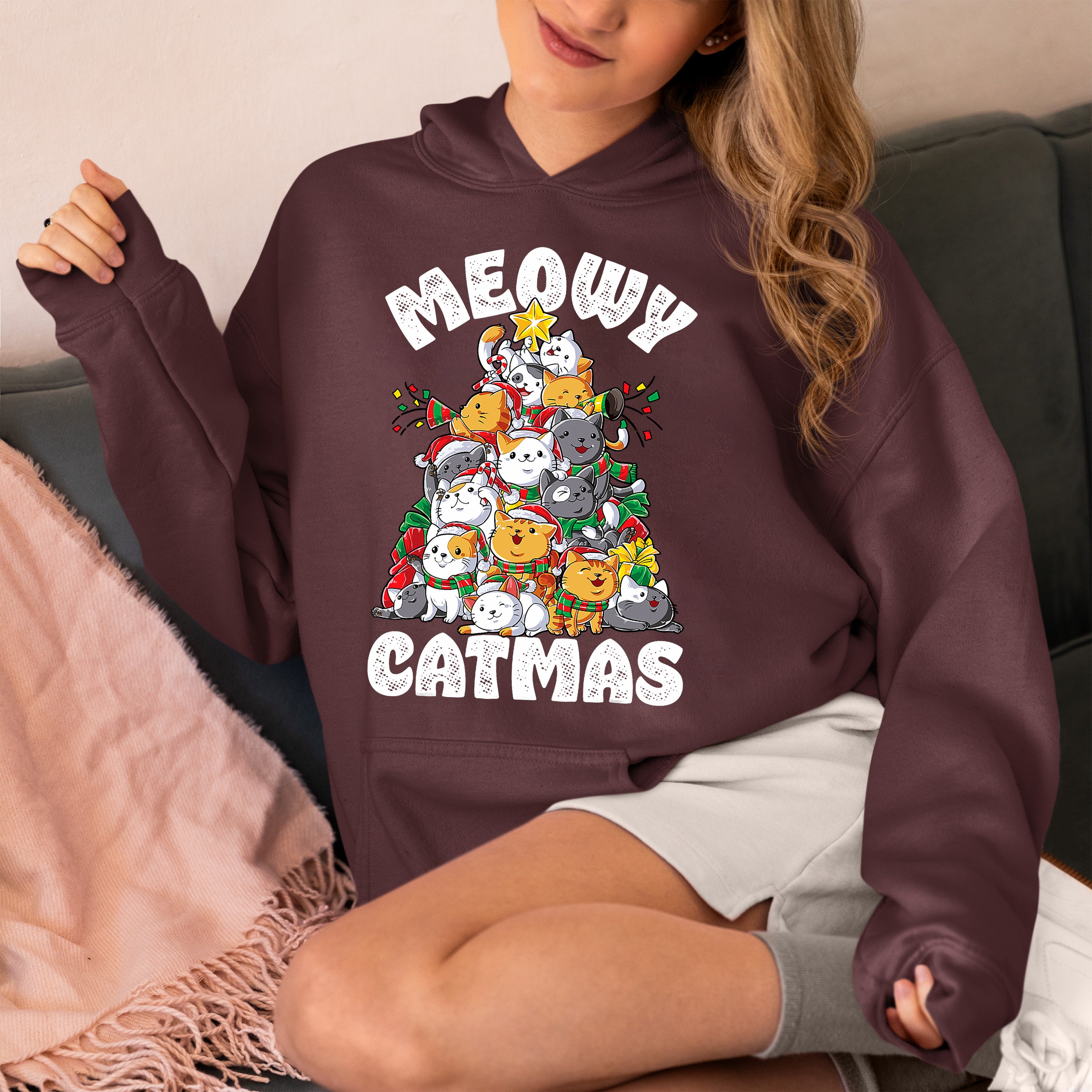 Meowy Cat Tree Christmas Gift for Cats - Festive Cat Condo, Holiday Cozy Shelter, Yuletide Cat Furniture, Seasonal Cat House Hoodie