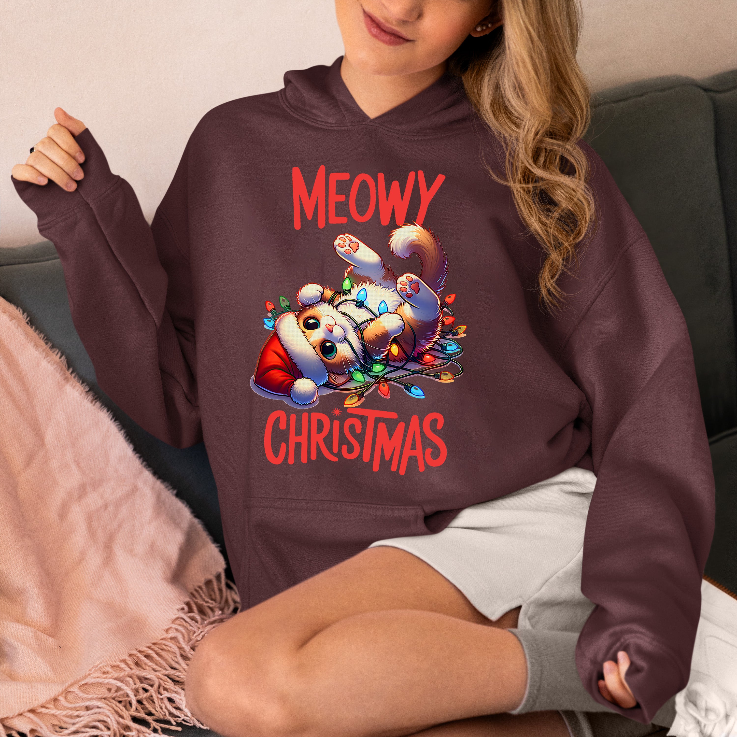 Meowy Christmas Cat Illustration, Festive Holiday Poster for Cat Lovers, Cozy Seasonal Gift, Cute Feline Artwork Hoodie