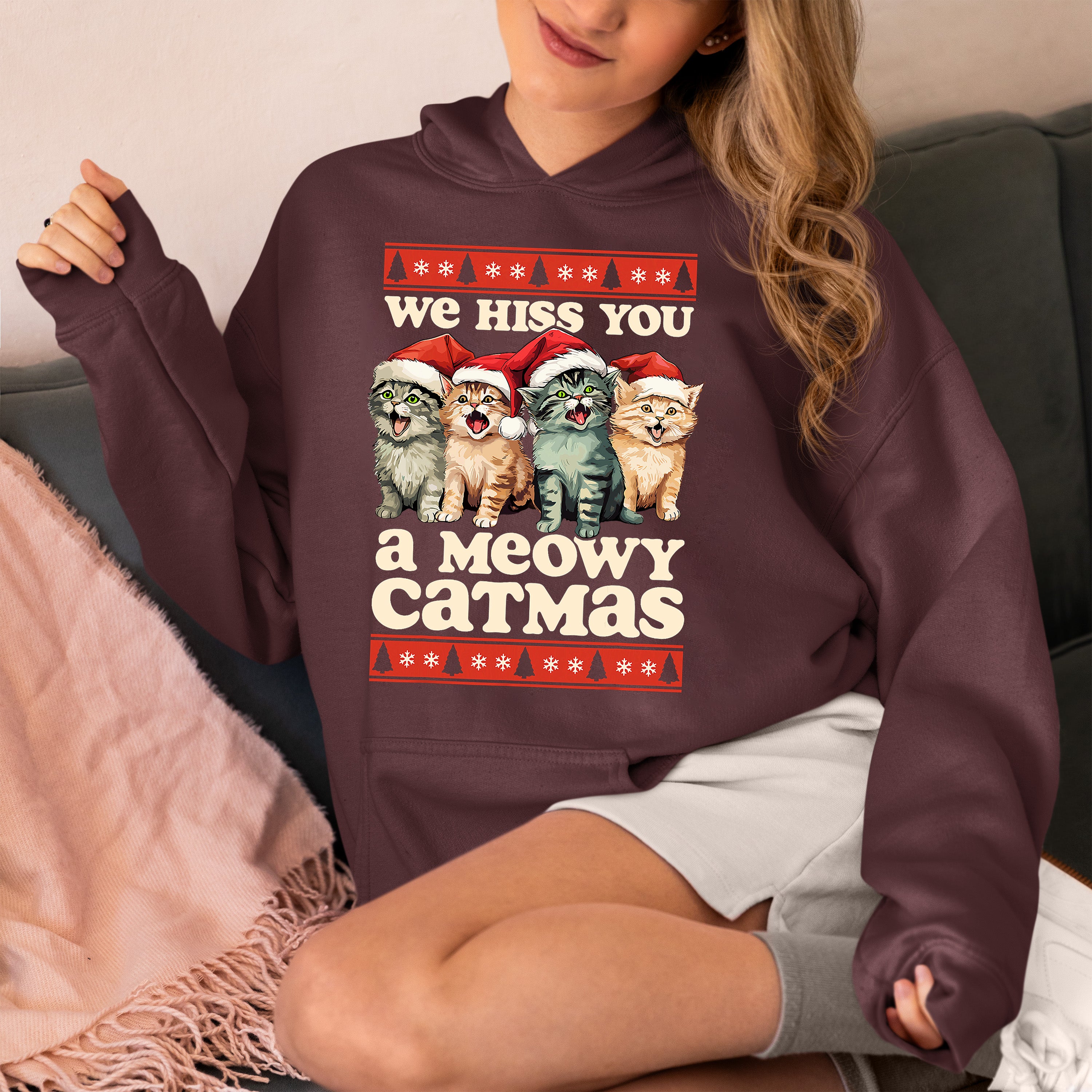 We Wish You a Meowy Christmas – Festive Cat Holiday Greeting for Season's Cheer, Cute Feline Themed Artwork Hoodie