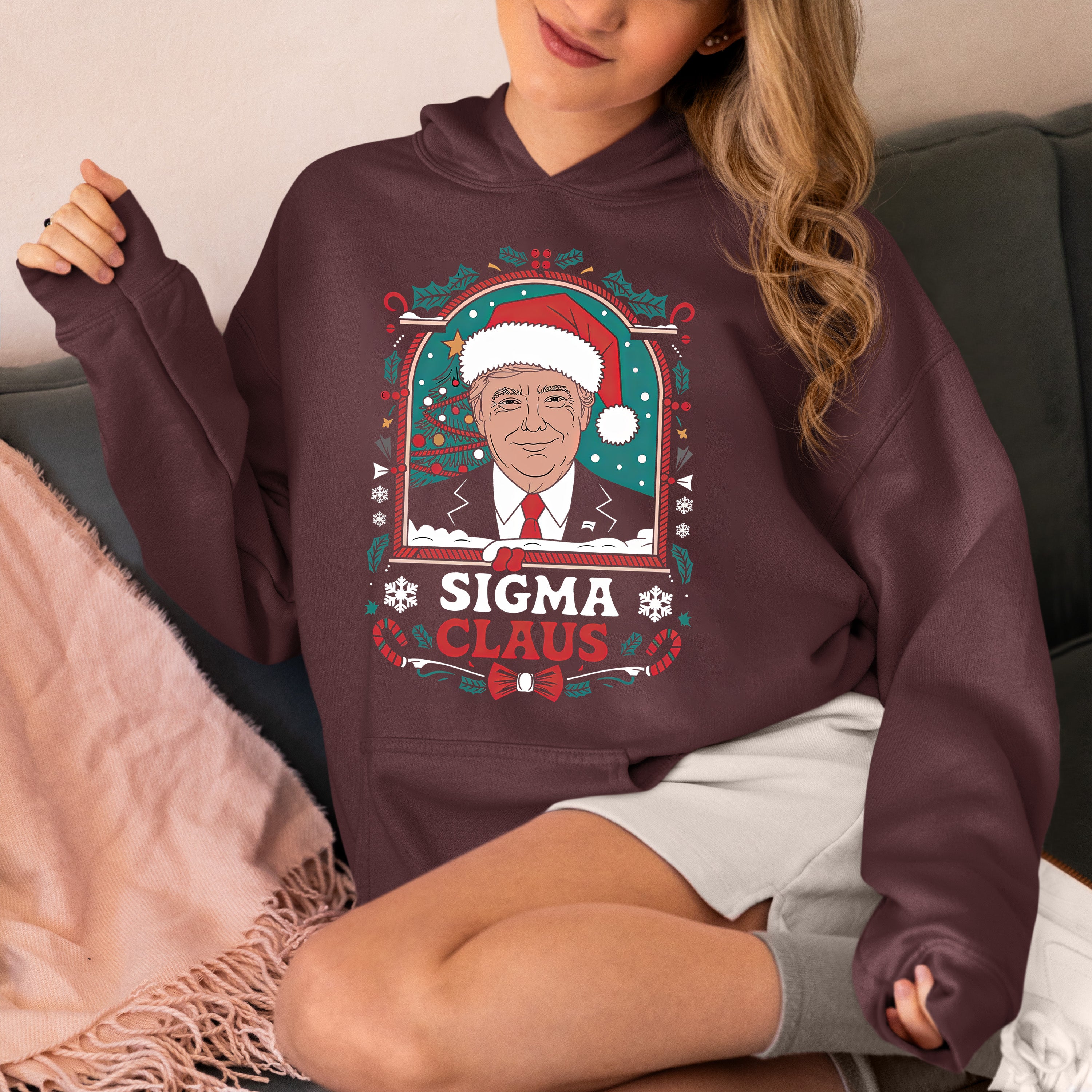 Sigma Claus Trump Christmas Charm, Holiday Satire Gift for Adults, Festive Political Humor Keepsake Hoodie