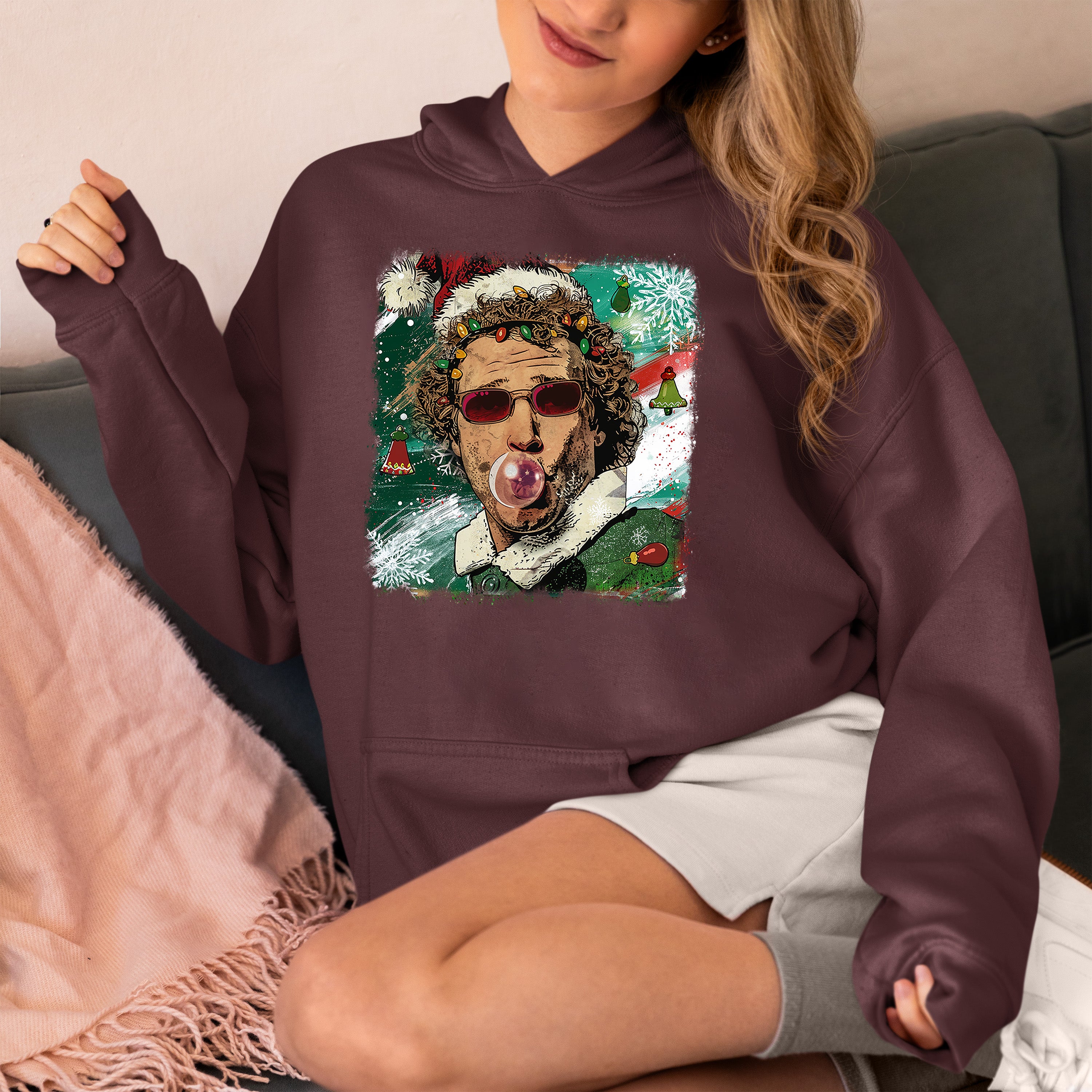 Christmas Elf Bubblegum Artwork, Whimsical Holiday Elf Art with Bubblegum, Festive Fantasy Illustration Gift Idea Hoodie