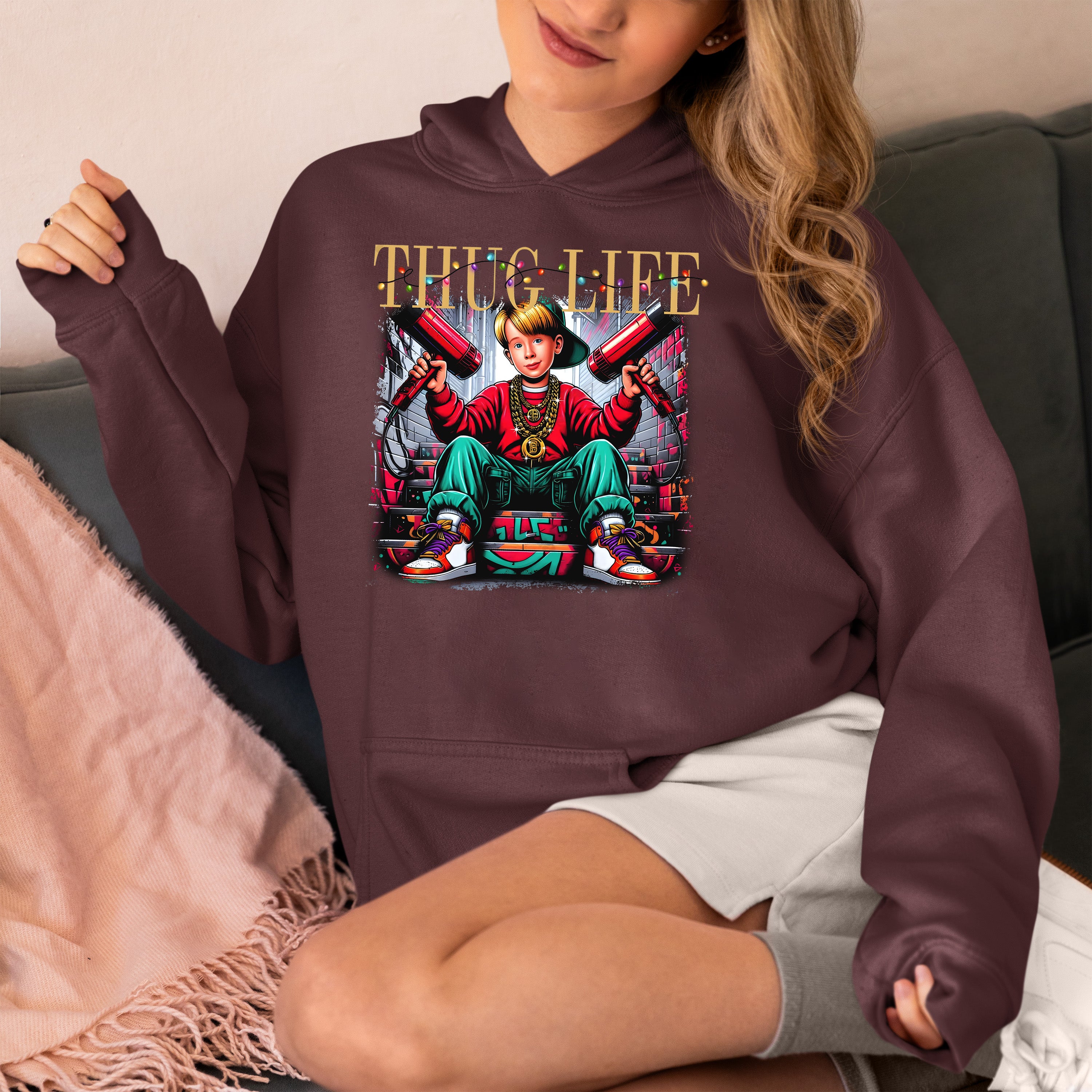 Christmas Thug Life Alone - Funny Holiday Quote Meme Humor - Festive Gift Idea for Him Hoodie
