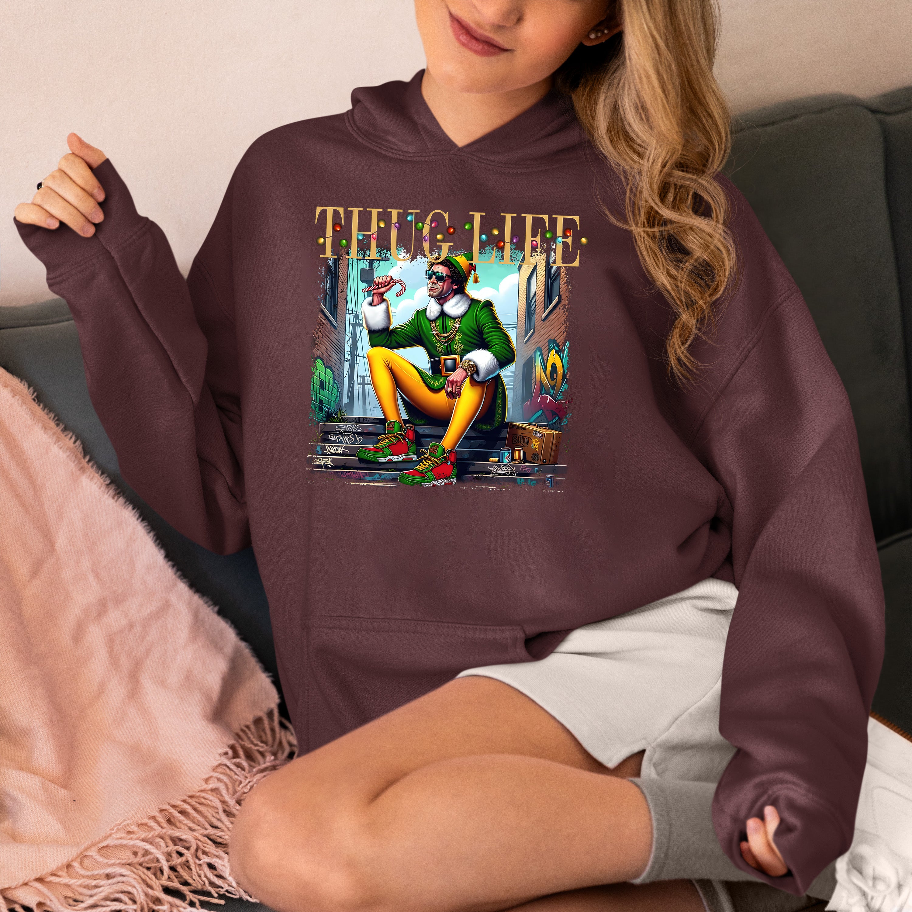 Thug Life Elf Christmas – Funny Holiday Elf Meme, Santa Humor, Naughty Nice Edition, Gifty Laughs for Holidays Hoodie