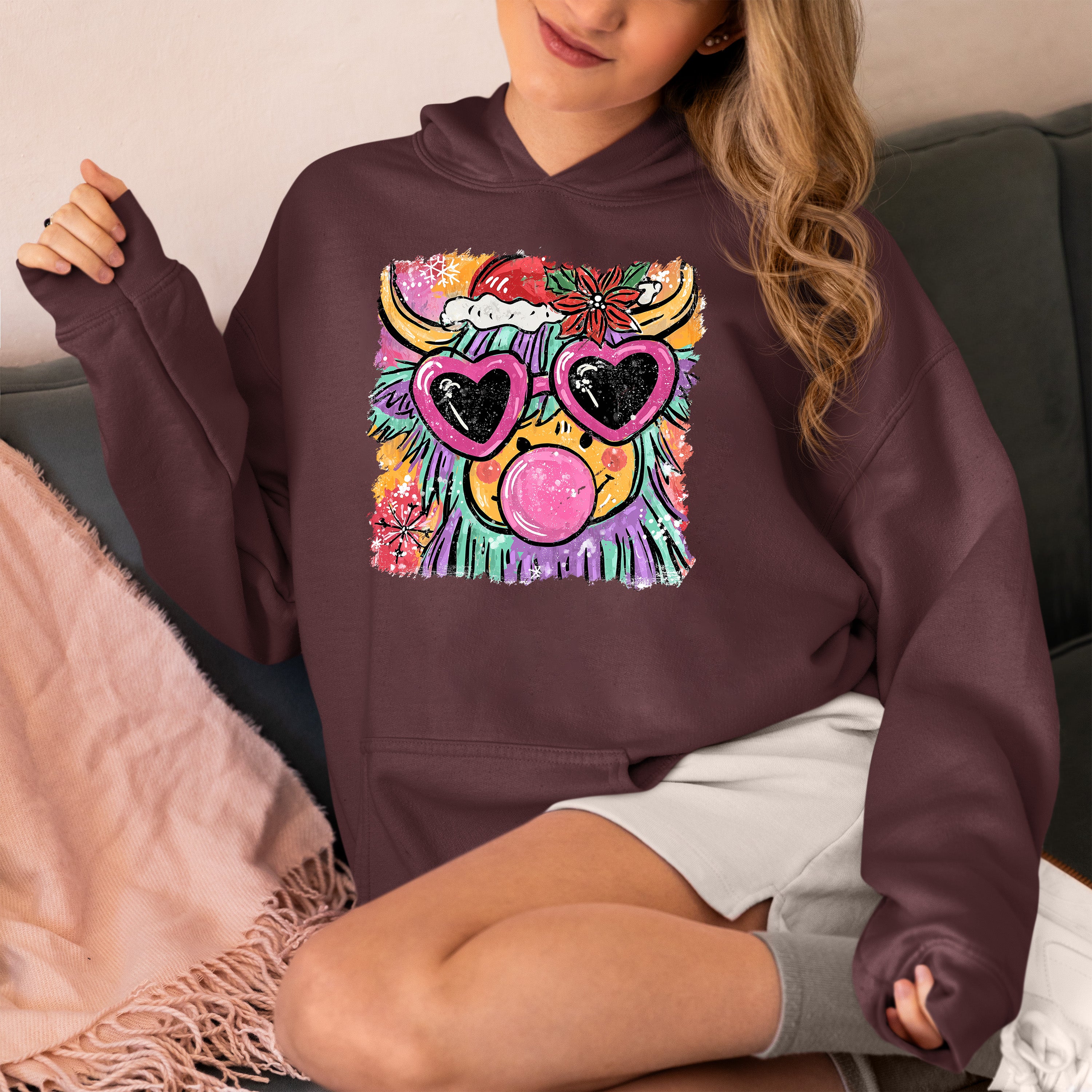 Highland Cow Christmas - Scottish Holiday Scene, Folk Art Gift for Winter, Rustic Cute Keepsake Hoodie