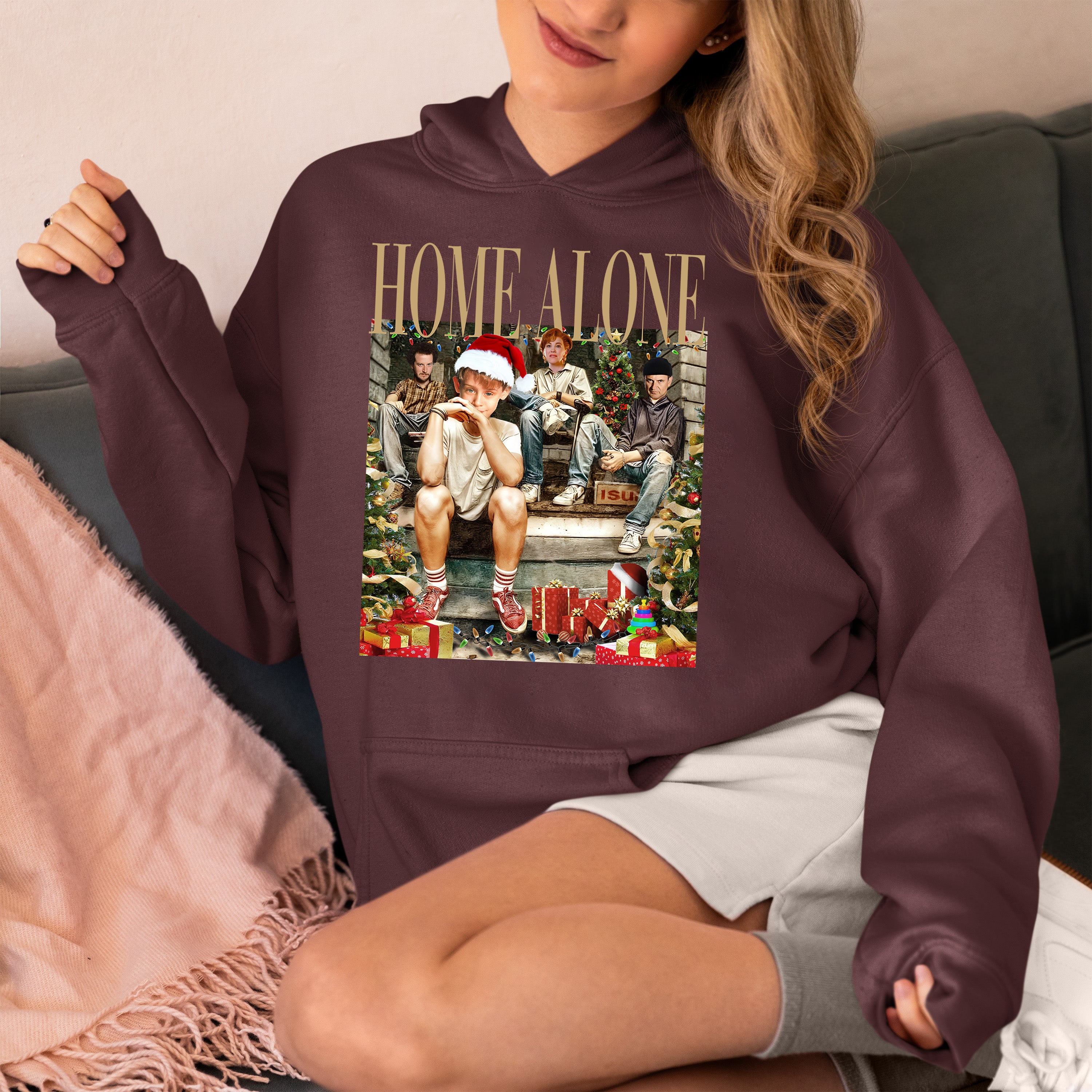 Home Alone on the Porch Christmas Scene - Cozy Holiday Porch Display Gift Idea Hoodie